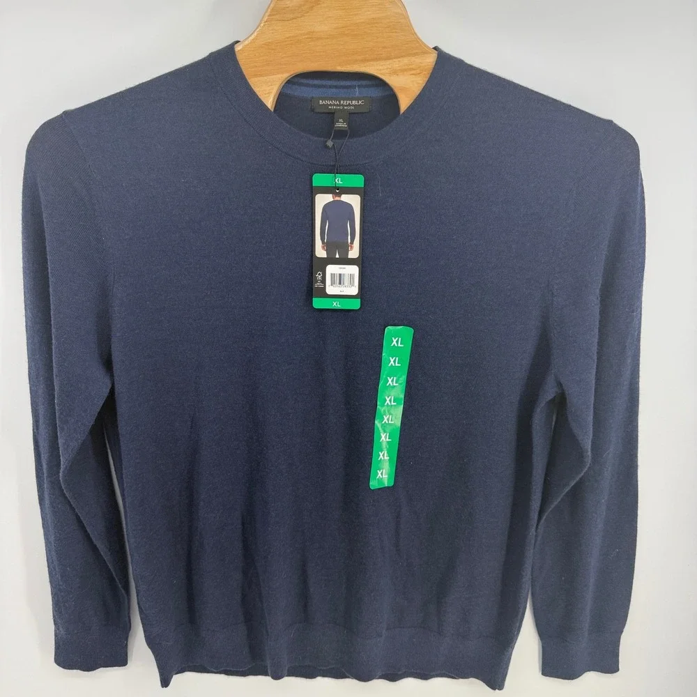Banana Republic Mens XL Merino Wool‎ Crew Neck Sweater Navy Blue NWT Fine Knit